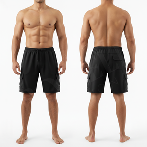 Shorts de sport cargo en polyester 100 %, séchage rapide, extensibles, pour entraînement fitness, avec poches, logo personnalisé imprimé. - Product Image 3