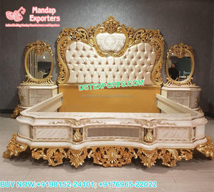 Royal & Premium-cama de corona de madera de teca con acabado dorado y espalda alta, mesita de noche con aspecto francés tallado a mano con mesa lateral - Product Image 3