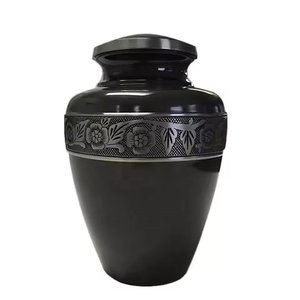 Stylish Aluminum Cremation Urn Black Color <b>Silver</b> Band Carved Human Ashes Urn Counter <b>Top</b> Decor Memorable Adult Urn - Product Image 1