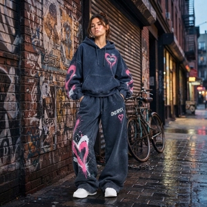 Ensemble de survêtement décontracté pour femme, bleu marine et rose, avec sweat à capuche imprimé cœur graffiti et pantalon de jogging large, tenue deux pièces - Product Image 5