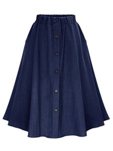 Women's A-Line Midi Denim Skirt Solid <b>Color</b> Button Front Stonewashed Casual Style - Product Image 4