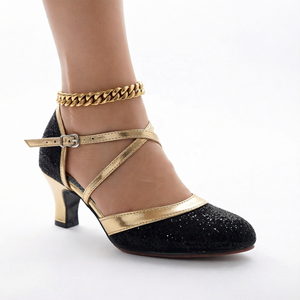 Chaussures de danse latine scintillantes pour femmes, talon moyen, or, à brides croisées, chaîne, bout fermé, pour Salsa, haute qualité, faible MOQ - Product Image 1