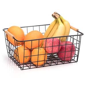 Panier de rangement en fer avec poignée en bois, design multifonctionnel écologique pour la cuisine et la salle de bain, idéal pour le stockage des aliments - Product Image 1