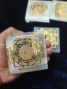Natural Gemstone Selenite Square <b>Coaster</b> with Shree Yantra Symbol Sticker Home Decoration Charging Plate Bulk Wholesale - Product Image 2