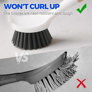 Lot de 3 brosses-racloirs en fonte avec manche en bambou, poils en nylon robustes, nettoyant de cuisine, éponges et tampons à récurer pour poêles - Product Image 3