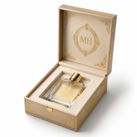 Boîte cadeau rigide en or champagne personnalisée avec monogramme MH, insert en velours filigrané, emballage pour flacon de parfum