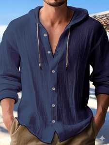 Chemise à capuche en coton texturé pour homme Everlooks, style nomade urbain, boutonnée, Zenith Slate Blue, coton froissé - Product Image 5