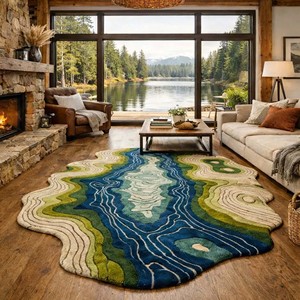 Alfombra de Lujo con Diseño Topográfico Abstracto de Río, Alfombra de Diseño Suave Hecha a Mano, Forma Irregular para Sala de Estar o Dormitorio - Product Image 2