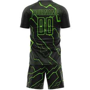 Conjunto de Uniforme de Fútbol Sublimado Personalizado, Negro, Verde, Azul, Patrón Geométrico, Absorbe la Humedad, Unisex, Adulto, Manga Corta, Cuello Redondo - Product Image 6