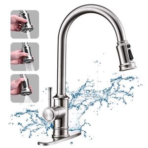 Rubinetto da cucina in ottone con doccetta estraibile a 3 modalità, finitura nichel spazzolato, per montaggio su piano a 1 o 3 fori con maniglia singola - Product Image 1