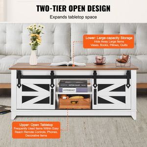 Mesa de Centro Rectangular Estilo Rústico de 48 Pulgadas con 2 Puertas Corredizas y 2 Niveles, Estantes Laterales de Madera Rústica Extraíbles - Product Image 4