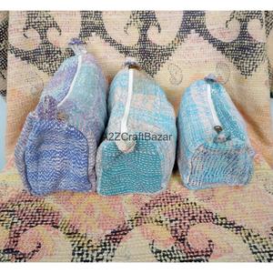 Custom Made Durable Casual Handmade Quilted Tassel Zipper Kantha Pouch Set Artisan Cotton Travel Cosmetic Organizer Mixed Colors - Product Image 2