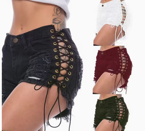 Shorts de mezclilla de cintura alta para mujer, con cordones, dobladillo deshilachado, estilo sexy de verano, estilo streetwear, de algodón. - Product Image 1