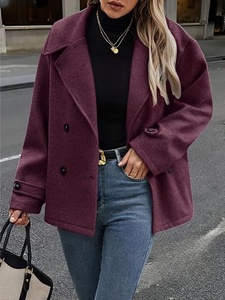 Manteau court en laine pour femme, col à revers, double boutonnage, couleur unie, manches longues, chaud, décontracté, pour l'automne - Product Image 5