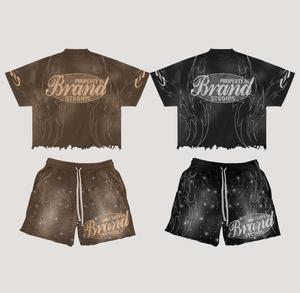 Conjunto de camiseta y pantalones cortos de algodón 100% al por mayor, 2 piezas, con logotipo bordado/impreso personalizado, hombros caídos, estilo oversized, para hombre, conjunto de verano. - Product Image 1