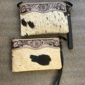 Cartera de mano hermosa hecha a mano con cuero genuino y piel de vaca, con grabado artesanal, bolso de lujo para mujer con cierre de cremallera. - Product Image 3