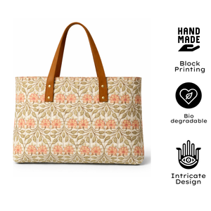 Canvas Tote <b>Bag</b> Leaf Pattern Brown Leather Handles Zip Closure Summer Autumn Daily Use All Minimalist Style Indian Hand Block - Product Image 2