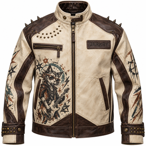 Chaqueta de Cuero Genuino Beige para Hombre, Estilo Motero con Tachuelas, Estampado Gráfico de Gato y Pecho Marrón, Abrigo con Tachuelas, Venta al por Mayor de Fábrica, Fabricante OEM ODM Personalizado - Product Image 1