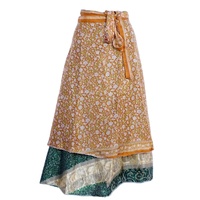 Falda Cruzada de Seda y Encaje Reversible para Mujer, Estilo Vintage Bohemio, Largo a Media Pantorrilla, con Doble Estampado Floral y Plumas, Ecológica y Natural
