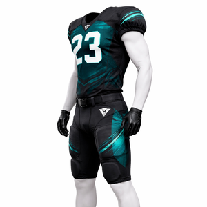 ชุดยูนิฟอร์มอเมริกันฟุตบอลแบบกำหนดเองสำหรับผู้ชาย เสื้อเจอร์ซีย์สีดำ-เขียวอมฟ้าและกางเกงขายาว โพลีเอสเตอร์ระบายอากาศได้ดี ชุดกีฬาสำหรับทีมฝึกซ้อม - Product Image 5