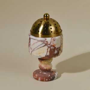 Porte-encens artisanal en marbre multicolore avec couvercle perforé en laiton et base en pierre polie, accessoire artisanal - Product Image 3