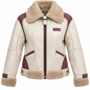 Chaqueta de Piel de Oveja Genuina Color Crema Borgoña para Mujer, con Forro de Borreguito, Solapa de Felpa, Correa con Hebilla, Abrigo de Invierno - Product Image 1