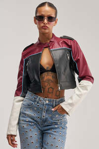 Chaqueta Bomber de Cuero PU para Mujer, Diseño Color Block, Manga Larga, Cuello Alto, Cierre de Cremallera, Estilo Motero, Invierno, Splendid Apparel - Product Image 4