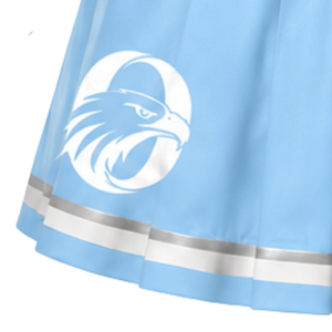 Jupe de cheerleading plissée bleu clair avec bordure rayée jaune et blanche, uniforme de performance athlétique pour femmes et filles - Product Image 5