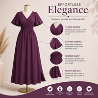 Robe longue violette à col en V pour femme avec manches volantées |   Robe vintage à taille froncée et fente latérale, décontractée, pour l'automne, les fêtes et l'été, en tissu naturel