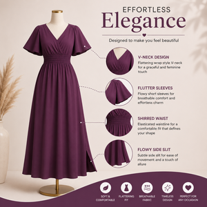 Robe longue violette pour femme à col en V et manches volantées |   Robe longue élégante décontractée pour soirée d'été avec taille froncée et fente latérale - Product Image 5