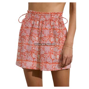 Shorts de Verano para Mujer con Cordón Ajustable y Estampado Indigo, Pantalones Cortos de Playa para Chicas con Estampado de Bloques de Algodón - Product Image 3