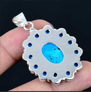 Pendentif Fleur en Turquoise Naturelle Plaqué Argent 925 Fait Main Style Classique Bijoux de Mariage pour Femme - Product Image 3