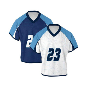 Maillot de lacrosse sublimé à col en V, blanc et bleu, imprimé géométrique, anti-humidité, unisexe adulte, manches courtes, vêtement de sport OEM - Product Image 1