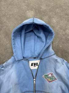เสื้อฮู้ดซิปแบบดิสเทรสสั่งทำได้ ราคาส่งถูก คุณภาพสูง ผ้าฝ้าย 100% ทรงโอเวอร์ไซส์ สีฟ้าอ่อน ผ้าฟลีซ ปักโลโก้ - Product Image 2