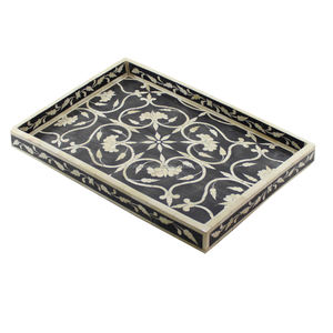 Grand plateau d'incrustation en bois rectangulaire fait à la main 3D Angel Floral Bone Design noir bleu couleur Scheme plateau en résine pour la décoration de café à la maison - Product Image 1