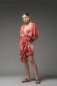 Women’s Red Tie Dye Wrap <b>Dress</b> Short Sleeve V Neck Mini <b>Dress</b> Casual <b>Summer</b> <b>Boho</b> Style Lightweight <b>Dress</b> - Product Image 4