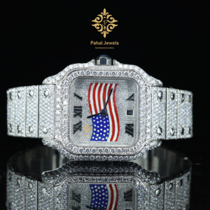 นาฬิกาข้อมือผู้ชาย Pahal Jewels ประดับเพชร หน้าปัดคริสตัลแซฟไฟร์ทรงสี่เหลี่ยม ลายธงชาติอเมริกา ระบบกลไก ตัวเรือนสแตนเลสสตีล - Product Image 1