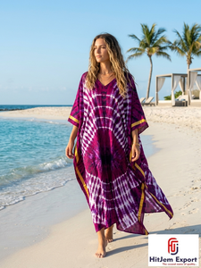 Vestido Kaftán Tie Dye para Mujer, Cuello Redondo, Holgado, Largo hasta el Suelo, Manga Corta, Estilo Bohemio, para Playa, Verano, con Borlas, de Chifón, Fabricante OEM ODM - Product Image 5