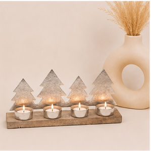Handmade Christmas Metal Pine <b>Tree</b> Tea Light Candle Holder With Rustic Wooden Base 4-Cup Silver Aluminum <b>Tabletop</b> Centerpiece - Product Image 2