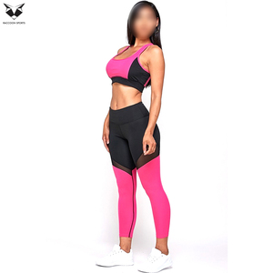 Conjunto deportivo de 2 piezas de primera calidad con bloques de color rosa y negro, top tipo sujetador y leggings, conjunto deportivo para mujer - Product Image 5
