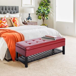 Panca contenitore imbottita in similpelle rosso carminio da 44 pollici con porta scarpe - Product Image 2