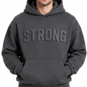 Premium <b>Men's</b> Dark <b>Grey</b> Hoodie with Embossed "STRONG" Lettering Casual Streetwear Pullover <b>Sweatshirt</b> - Product Image 2