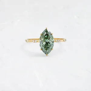 Green Marquise Cut Diamond Ring in Yellow Gold with Side Accent Diamonds Minimal Solitaire Engagement Ring for Women Fine Ring - Product Image 1
