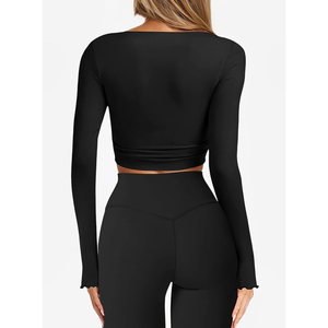 Women <b>Black</b> <b>Long</b> <b>Sleeve</b> <b>Crop</b> Top Deep V Neck Self-Tie Bow Solid Color Yoga Shirt Regular Fit Full <b>Sleeve</b> Activewear - Product Image 3