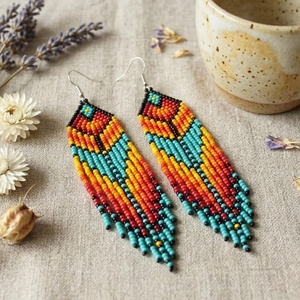 Boucles d'oreilles vintage bohèmes à pampilles en perles de rocaille, faites à la main, tissées, colorées, longues, avec perles arc-en-ciel pour la création de bijoux - Product Image 3