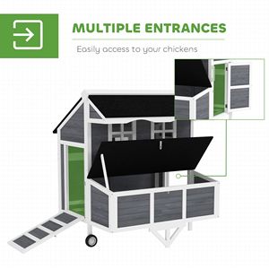 Pollaio Grigio da 43 Pollici con Ruote, Nido, Finestre e Vassoio Estraibile, Posatoi per 2-4 Galline, Design Chicken Tractor - Product Image 6