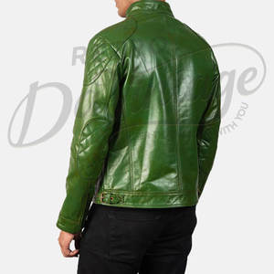 Chaqueta de Cuero Verde Esmeralda para Hombre, Corte Ajustado, Piel de Oveja Auténtica, Estilo Motero, Cuello Mao, para Otoño e Invierno - Product Image 2