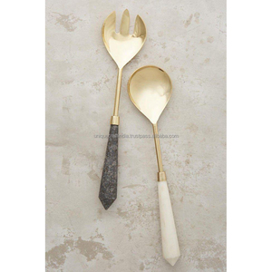 Gold Mixed Stone Marble Handle Salad Server <b>Set</b> Stainless Steel Charcuterie Spreader Tableware Wholesale Kitchen Decors Customs - Product Image 1