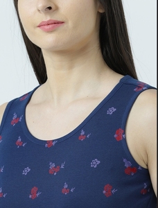 Débardeur en coton à imprimé floral pour femme, col rond, sans manches, décontracté, respirant, tricoté, coupe classique, bleu - Product Image 1