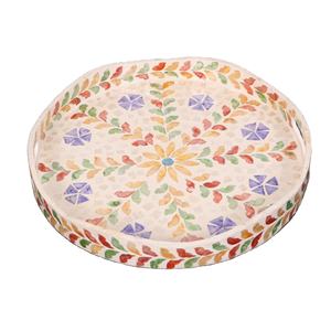Plateau de service rond en nacre écologique avec motif floral coloré en rotin, fournisseur en gros pour la décoration de table basse de luxe - Product Image 1